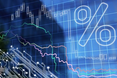 Image of Percents sign, graphs and circuit board pattern against building