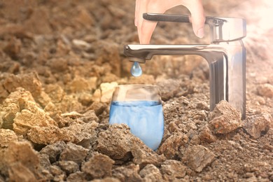 Image of Save water concept. Woman turning off tap on cracked ground, closeup. Water dripping into glass