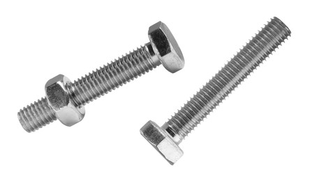Image of Metal lag bolts isolated on white. One with nut