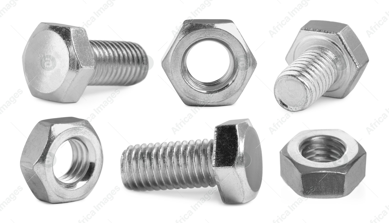 Image of Hex bolts and nuts isolated on white, set
