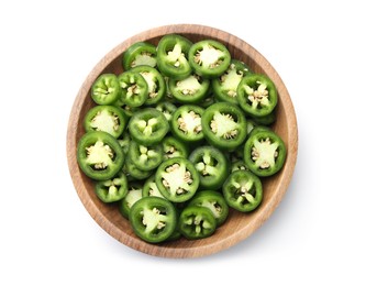 Photo of Jalapeno pepper slices in bowl isolated on white, top view
