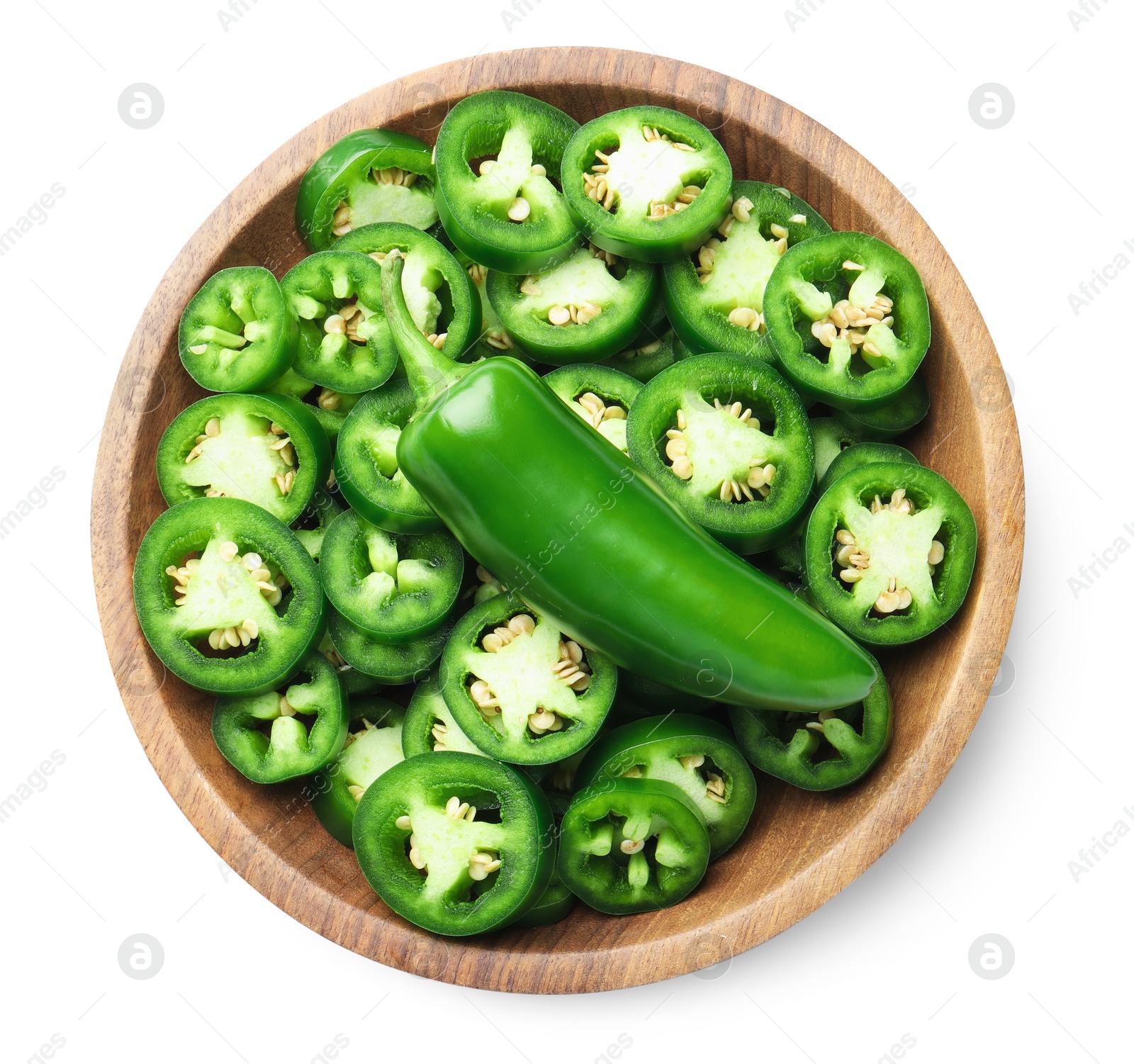 Photo of Jalapeno pepper slices and whole one in bowl isolated on white, top view