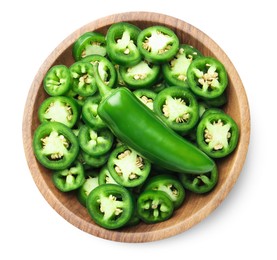 Photo of Jalapeno pepper slices and whole one in bowl isolated on white, top view