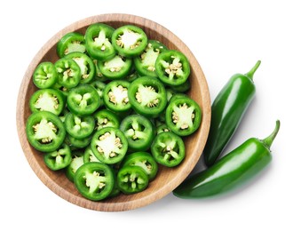 Photo of Jalapeno pepper slices in bowl and whole ones isolated on white, top view