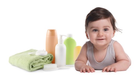 Image of Cute little baby, bathing accessories and toiletries isolated on white