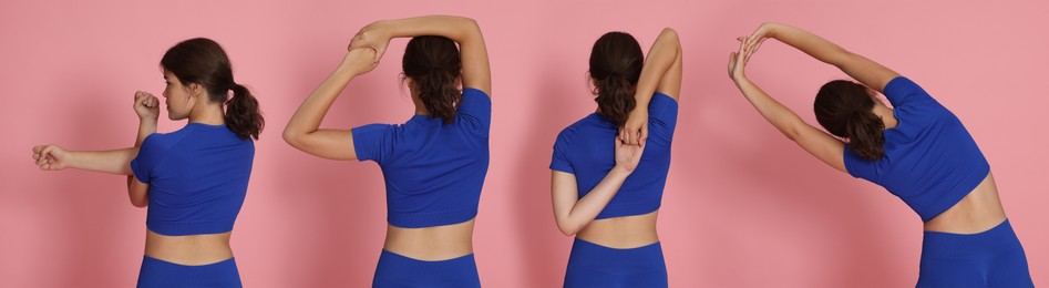 Image of Stretching. Teenage girl doing exercises on pink background, set