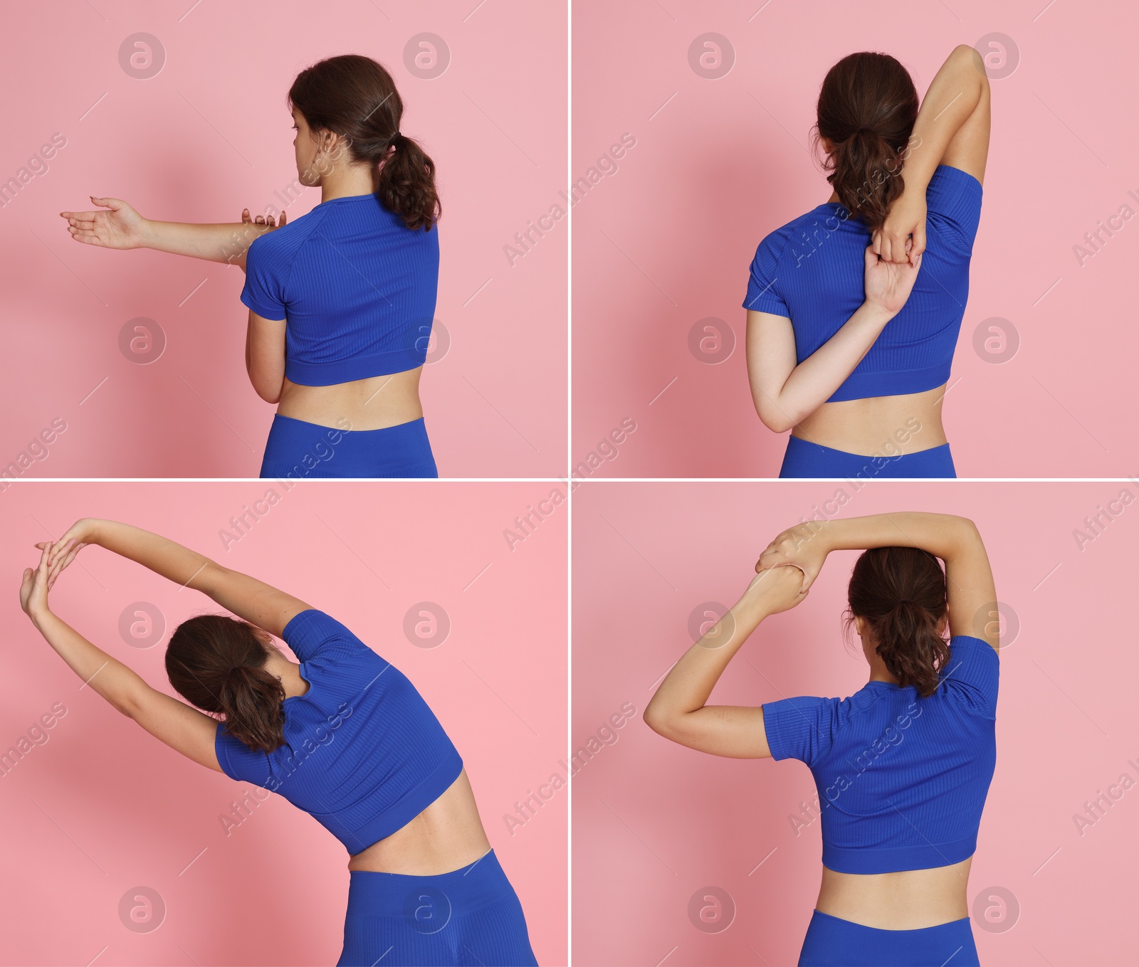 Image of Stretching. Teenage girl doing exercises on pink background, set