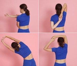Image of Stretching. Teenage girl doing exercises on pink background, set