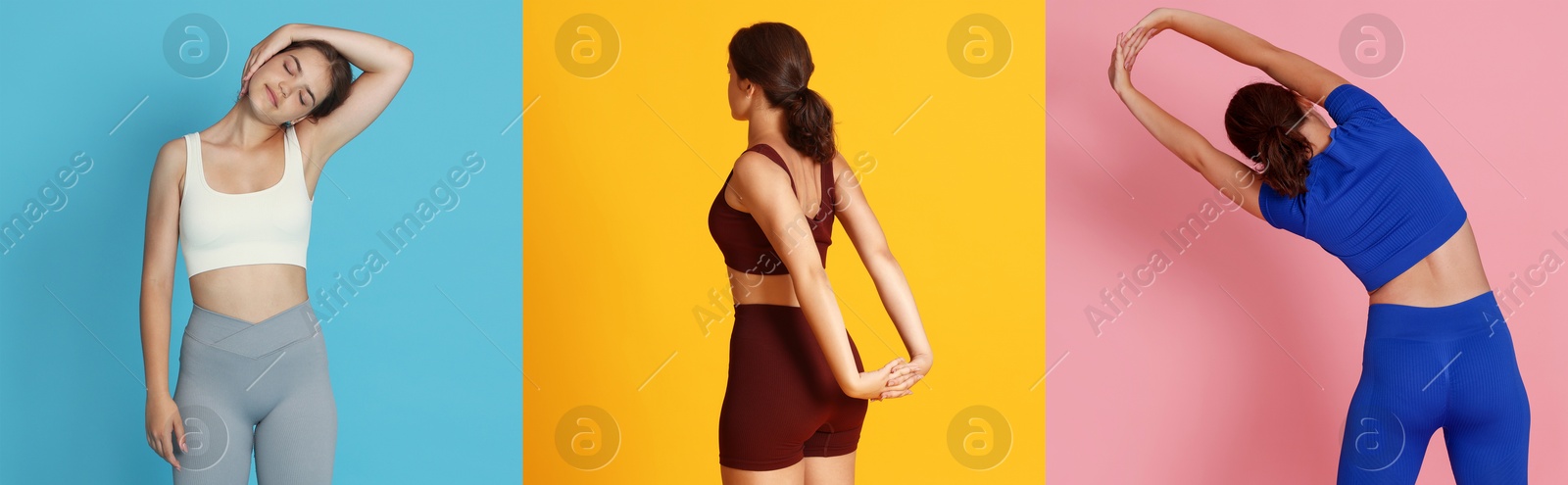 Image of Stretching. Teenage girl doing exercises on colorful backgrounds, set