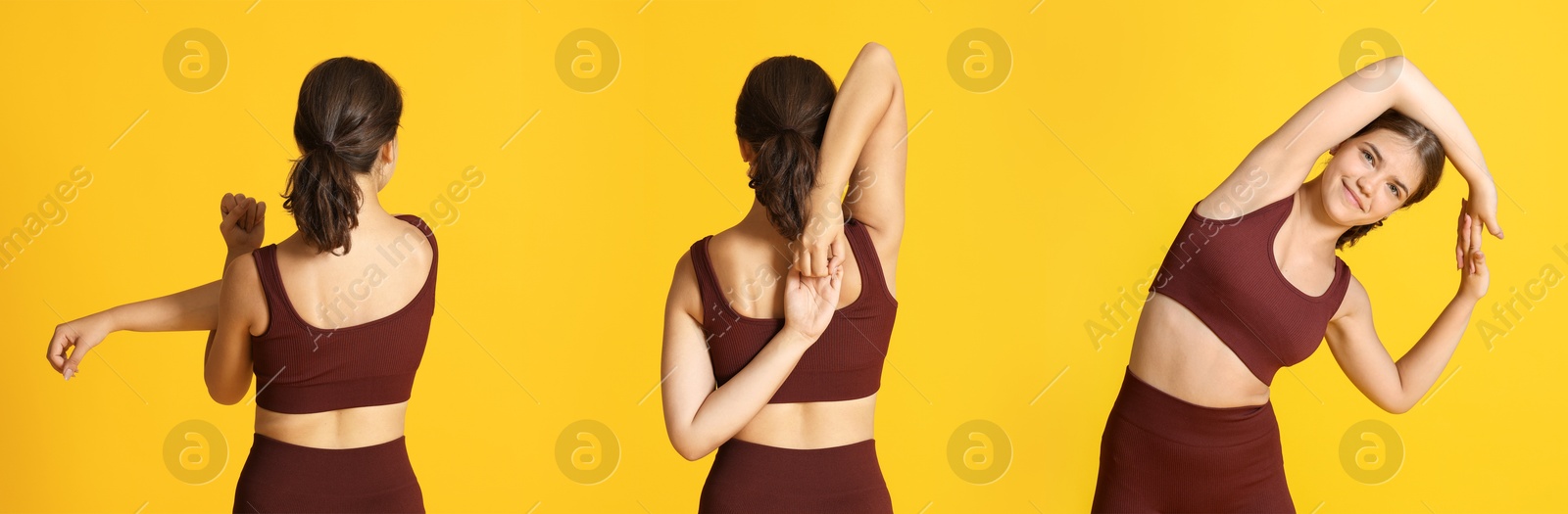 Image of Stretching. Teenage girl doing exercises on orange background, set