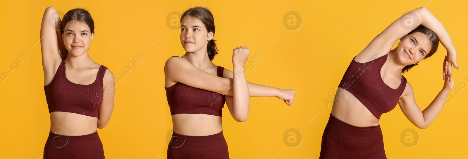 Image of Stretching. Teenage girl doing exercises on orange background, set