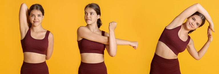 Image of Stretching. Teenage girl doing exercises on orange background, set
