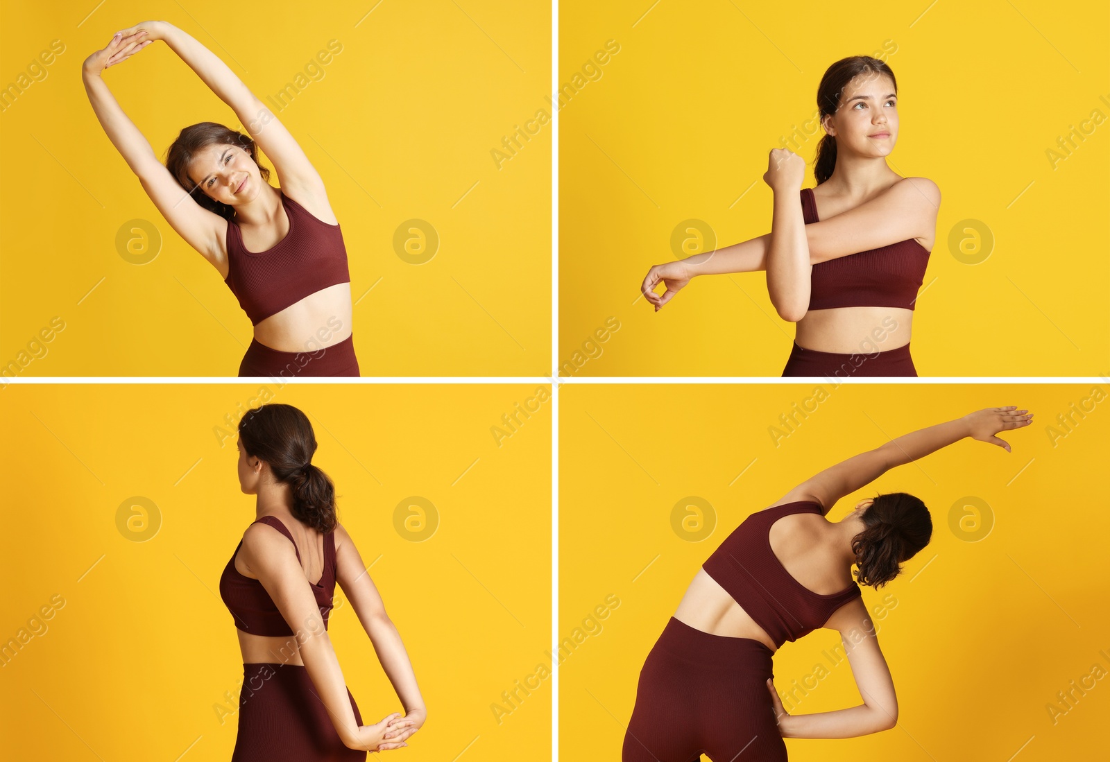 Image of Stretching. Teenage girl doing exercises on orange background, set