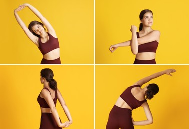 Image of Stretching. Teenage girl doing exercises on orange background, set
