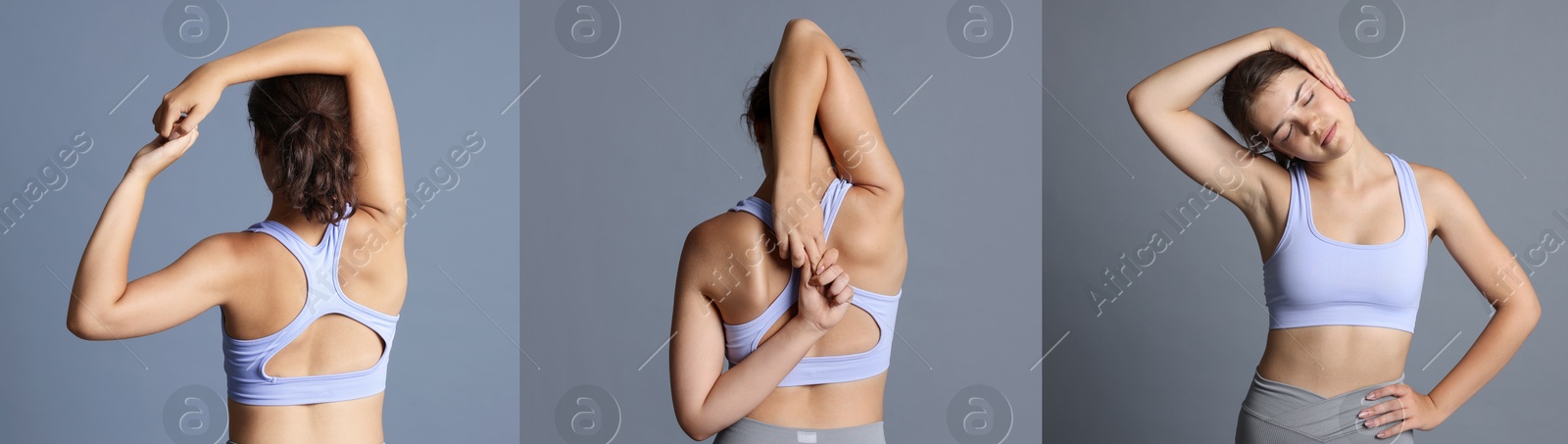 Image of Stretching. Teenage girl doing exercises on grey background, set