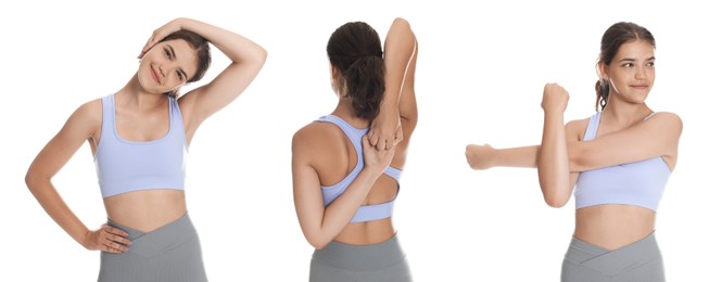 Image of Stretching. Teenage girl doing exercises on white background, set