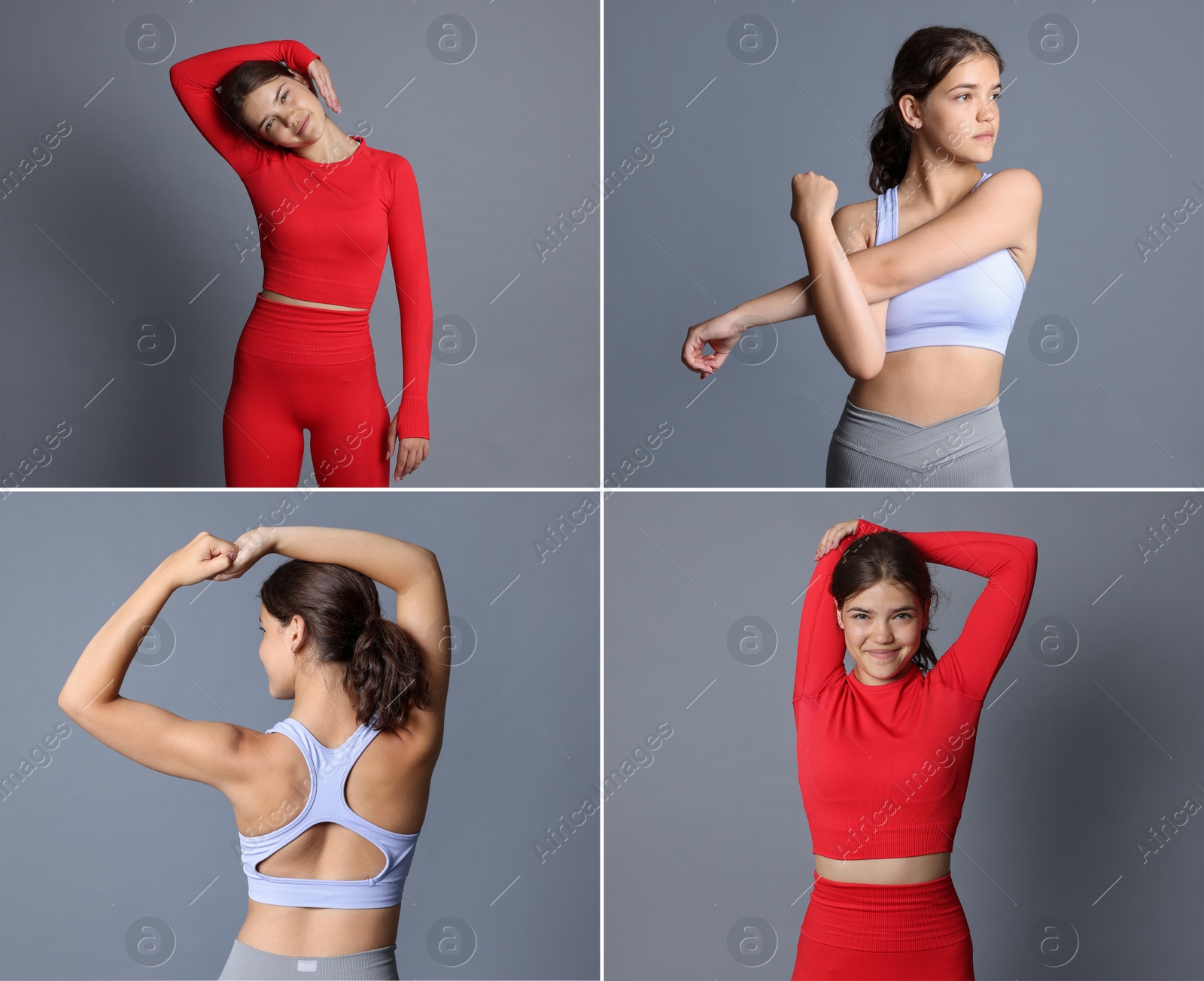Image of Stretching. Teenage girl doing exercises on grey background, set