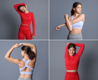 Image of Stretching. Teenage girl doing exercises on grey background, set