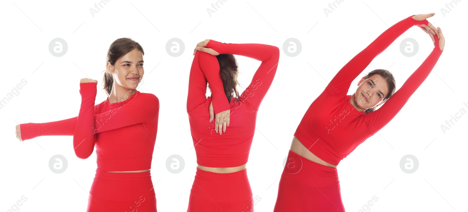 Image of Stretching. Teenage girl doing exercises on white background, set