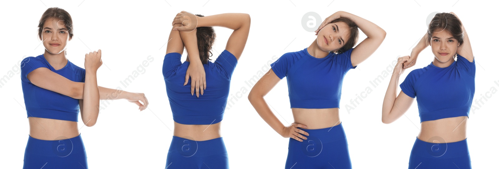 Image of Stretching. Teenage girl doing exercises on white background, set