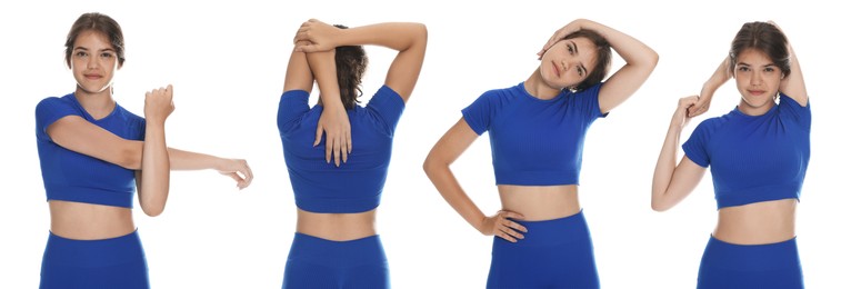 Image of Stretching. Teenage girl doing exercises on white background, set