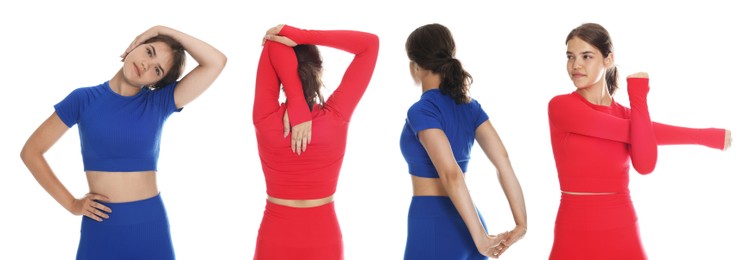 Image of Stretching. Teenage girl doing exercises on white background, set