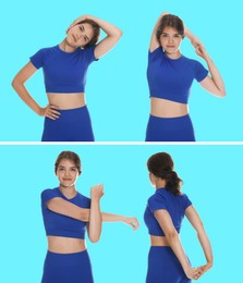 Image of Stretching. Teenage girl doing exercises on light blue background, set