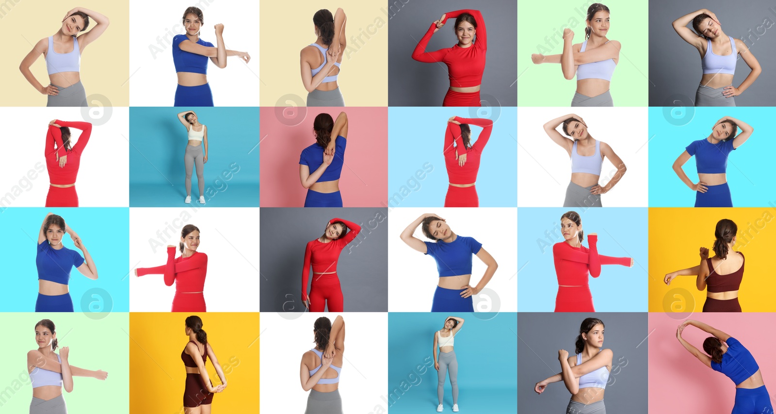 Image of Stretching. Teenage girl doing exercises on colorful backgrounds, set