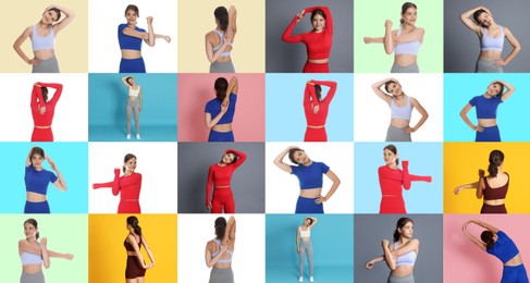 Image of Stretching. Teenage girl doing exercises on colorful backgrounds, set