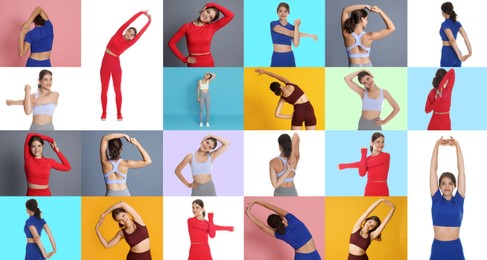 Image of Stretching. Teenage girl doing exercises on colorful backgrounds, set