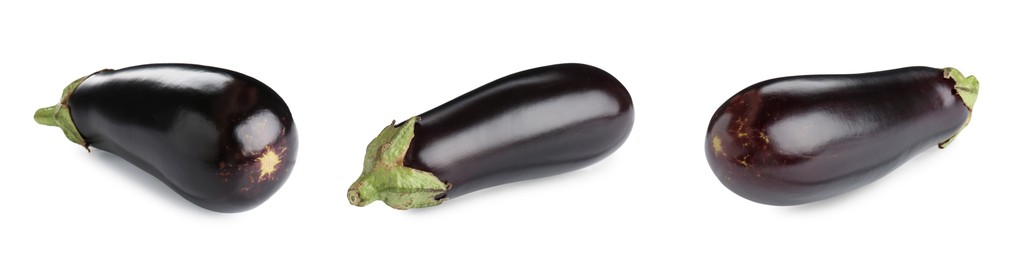 Image of Fresh whole eggplants isolated on white, set