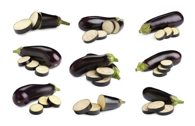 Image of Fresh eggplants isolated on white, set. Whole and sliced