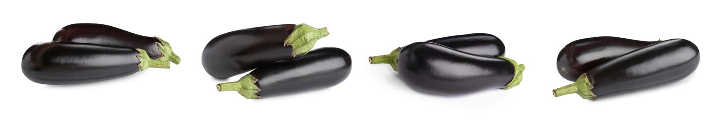 Image of Fresh whole eggplants isolated on white, set