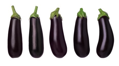 Image of Fresh whole eggplants isolated on white, set