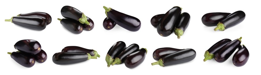 Image of Fresh whole eggplants isolated on white, set