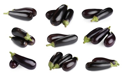 Image of Fresh whole eggplants isolated on white, set