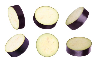Image of Eggplant slices isolated on white, set. Fresh vegetable