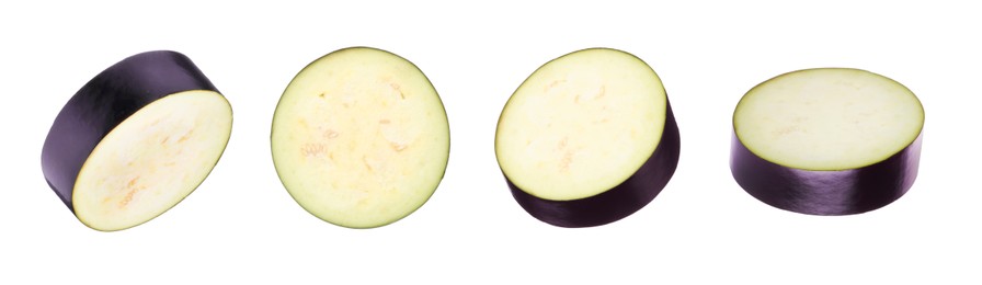Image of Eggplant slices isolated on white, set. Fresh vegetable