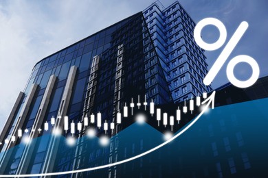 Image of Percent sign, arrow and graphs against buildings