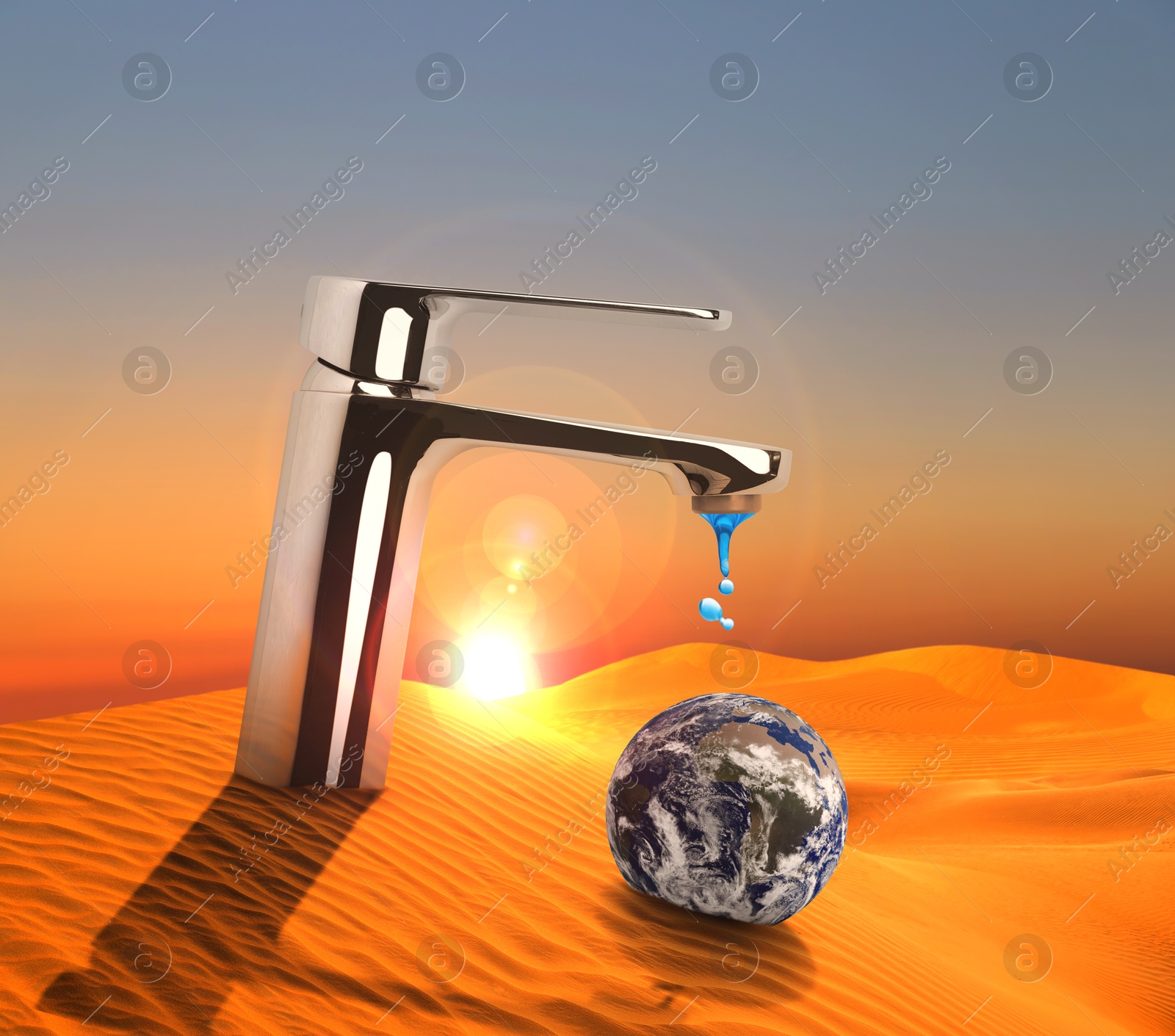 Image of Save water concept. Earth under tap with dripping water in desert