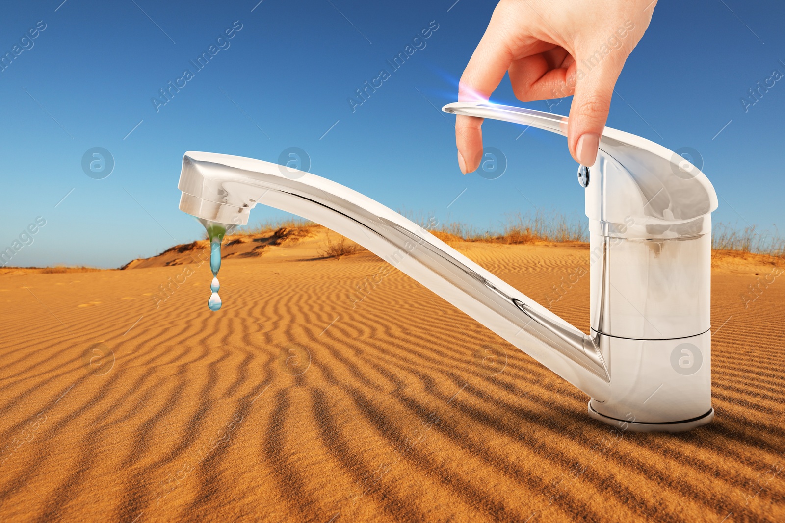 Image of Save water concept. Woman turning on or off tap in desert, closeup