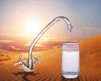 Image of Save water concept. Glass under tap with dripping water in desert