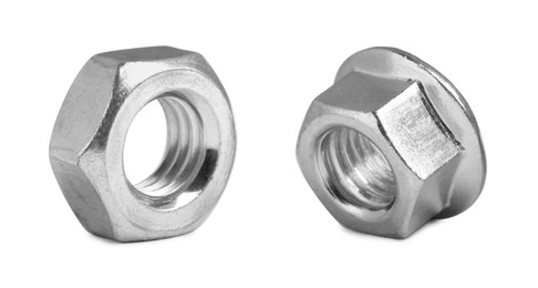 Image of Two metal flange and hex nuts isolated on white