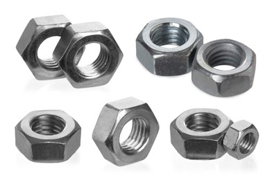 Image of Different hex metal nuts isolated on white, set