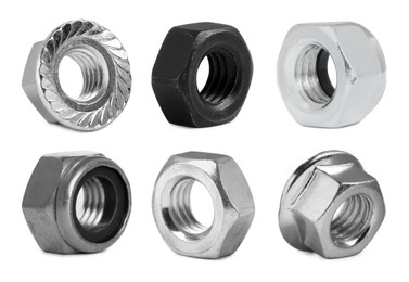 Image of Different metal nuts isolated on white, set