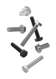 Image of Different metal bolts falling against white background