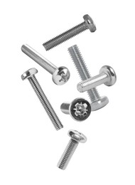 Image of Different metal bolts falling against white background