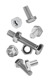 Image of Different bolts and nuts falling against white background