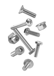 Image of Different bolts and nuts falling against white background