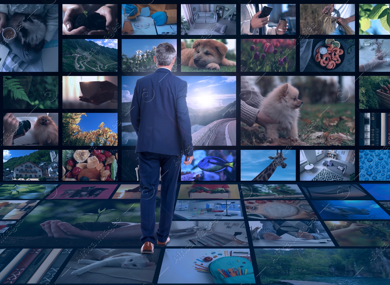 Image of Media library. Man in virtual space with collection of video files